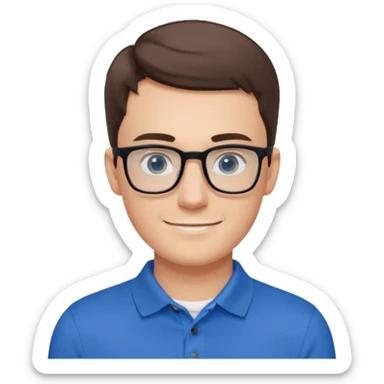 Young white man, late 20s, short brown hair, blue eyes, clean-shaven, thin black rectangular glasses, slim build, wearing a blue polo shirt, friendly and energetic look. sticker