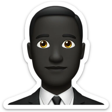 Man with cobalt black skin wearing a black formal suit with a black tie, co sticker