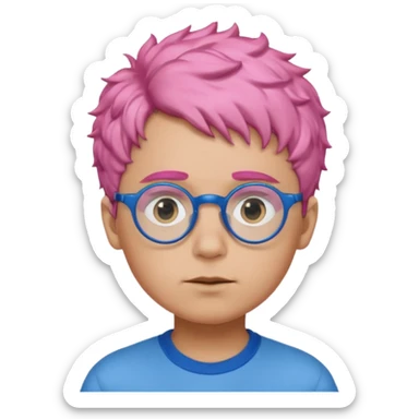 boy with short, curly pink hair, matching blue eyebrows, light brown skin, round black glasses, and a neutral facial expression. sticker