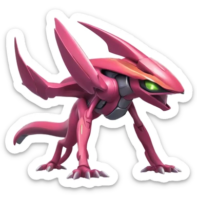 a shiny Genesect-Flygon-Raptor-Fakémon—hybrid with a futuristic visor-helmet full body sticker