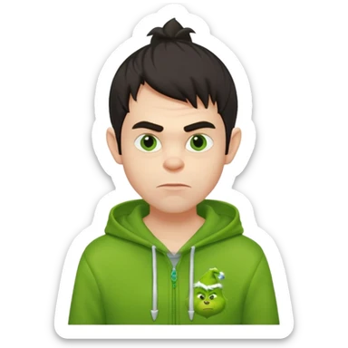Create an avatar of white European with dark hair  male in hoodie with ``BST`` letters on it. Make background to look like from movie Grinch sticker
