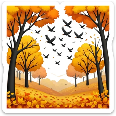 a flock of birds flying above trees with orange and yellow leaves, autumn scene sticker