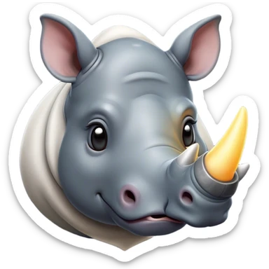 Cinematic Cute Rhinoceros Portrait Emoji, Head tilted playfully and inquisitively, featuring a rugged, glossy slate-gray hide with a gentle, rounded white horn and round, sparkling eyes filled with curious wonder, Simplified yet irresistibly adorable features, highly detailed, glowing with a warm, friendly glow, high shine, affectionate and mighty, stylized with a touch of ancient charm, bright and endearing, soft glowing outline, capturing the essence of a mischievous yet loving rhinoceros, so playful it feels like it could stomp out of the screen and into your arms! sticker