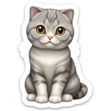 Cinematic-Scottish-Fold-Cat-Realistic-Full-Body-Sitting-Emoji – Tail curled playfully around its paws, head tilted dramatically, thick and plush solid-grey fur, signature folded ears resting gently against its round head, simplified yet realistic focused features, highly detailed, glowing with an almost sarcastic glow, deep amber eyes radiating quiet wisdom and charm. sticker