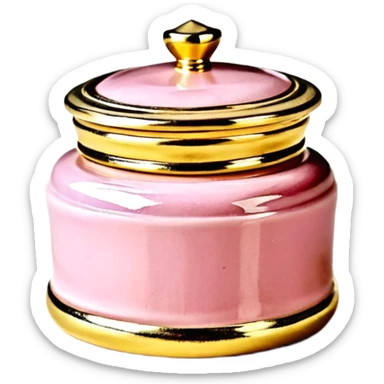 Una miniatura fotorrealista de un tarro de mantequilla corporal elegante, con una tapa dorada brillante. Una sola moneda de oro, pequeña y sutil, reposa al lado del tarro. Iluminación suave de estudio. Colores: rosa, terracota y dorado. Estilo: lujo en miniatura. sticker