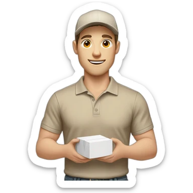 Pale skinned fit Man with dark brown hair in a beige cap, gray jeans and brown polo T-shirt keeping a pasted with tape white box into his hands sticker