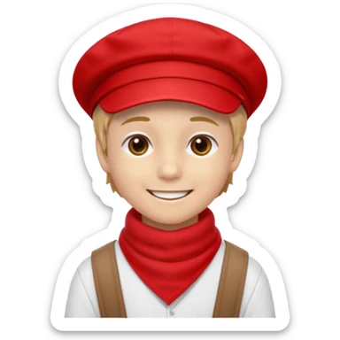 A Soviet pioneer emoji — smiling young boy wearing a bright red tie (pioneer neckerchief) and a red pilotka cap. White shirt, neat and cheerful, minimal flat emoji style, simple colors, clear outlines, professional emoji design. sticker