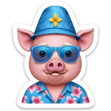 Pig with blue aloha shirt, birthday hat, sunglasses sticker