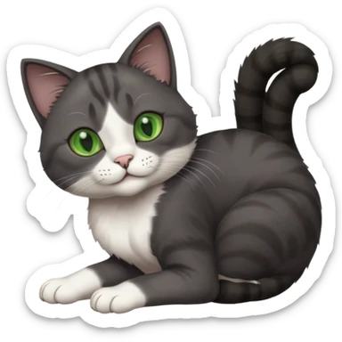 beautiful female solid dark grey cat with green eyes, white toes/paws and white patch on her chest rolling upside down sticker