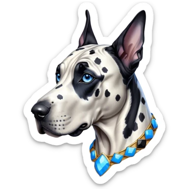 Cinematic Noble Harlequin Great Dane Portrait Emoji, Poised and regal, with a towering, muscular build and a striking coat of predominantly white with bold black patches, deep-set soulful blue eyes, Simplified yet sharp and sophisticated features, highly detailed, glowing with a soft, dignified glow, high shine, intelligent and loyal, stylized with an air of majesty, focused and attentive, soft glowing outline, capturing the essence of a watchful and confident guardian, so majestic it feels as though it could stride out of the screen with effortless authority! sticker
