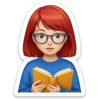 a girl with red hair and bangs with glasses wearing blue sweater reading a yellow cover book sticker