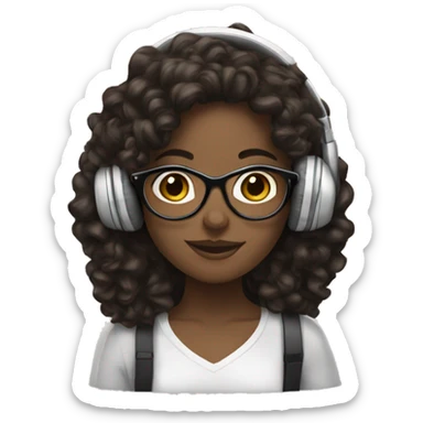 white girl with long dark brown curly hair, glasses, and headphones on sticker