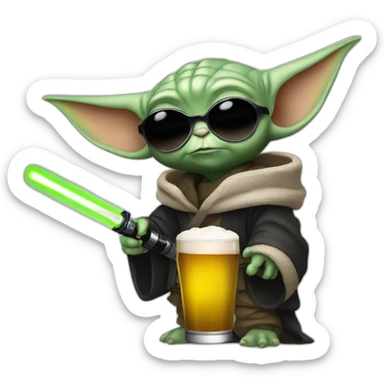 baby yoda with black rave outfit holding a beer and lightsaber and sunglasses sticker