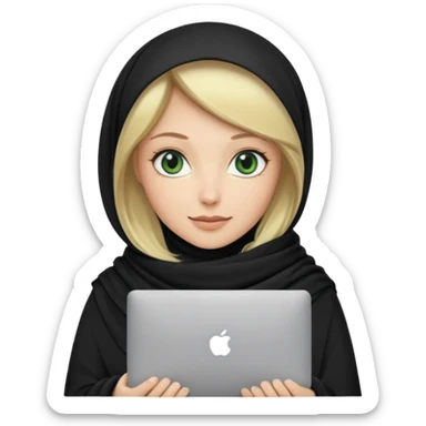 blond women skine , with green eyes , with black scarf hijab ,without hair, with macbook sticker