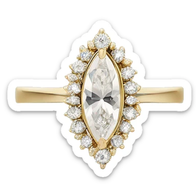 A marquise diamond ring with a vintage floral halo, small diamonds around the center stone, and a thin gold band.  Elegant and timeless. With a diamond gap wedding band sticker