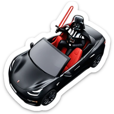 Darth Vader with red lightsaber on riding inside a open top black Tesla Model 3, front view sticker