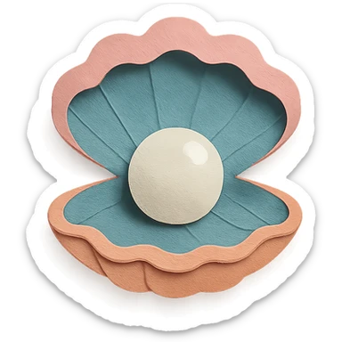 close-up of a clam holding a pearl, textured paper details, paper-craft style sticker