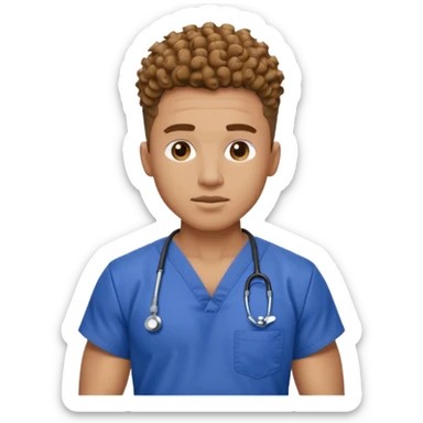 Ripped, athletic man with thick neck, high top fade with no part, curly hair only top only, and show waistline up, add scrubs, man face sticker