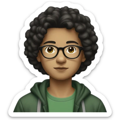 A 13 year old boy with black hair and black square glasses standing and wearing baggy jeans and white sneakers and a dark green sweatshirt, slightly big nose and light skin color sticker