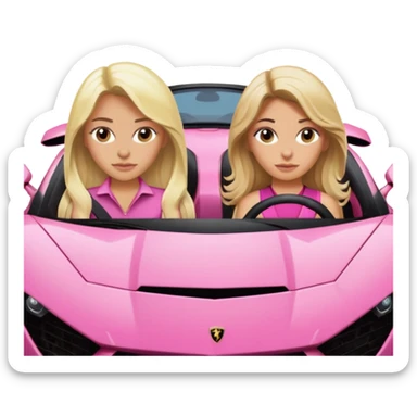 Make car far away so I can see full car Car facing forward in pink sports car. Make hair long are not smiling but very pretty. One girl is blonde, one girl is brunette. Front of car sitting in the seats. Make it a pink sports car. They are two baddies make it a Lamborghini pink car  sticker
