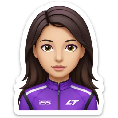 brunette long hair woman with black racing outfit with purple strips sticker