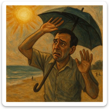 Create a symbolic, semi-realistic outdoor scene (beach or park) featuring a man with expressive, worried body language. The man is raising his hands or using an umbrella or large hat to block natural, warm sunlight. He looks uncomfortable or fearful, as if trying to protect himself from the sun. Use muted colors and an expressive, semi-realistic style symbolizing misunderstanding about sunlight and health. Use the reference image for facial features and general appearance. sticker