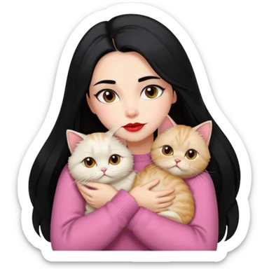 Beautiful Girl Long Hair black, Brows Big , Skin White, Sweater Pale Pink , Big Red Lips, Eyes Brown, Hug Little baby Persa Cream Cat With Cute Eyes sticker