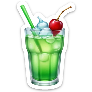 Create an emoji with a very clear rounded glass and ice, bright transparent green soda , a smooth vanilla scoop circle shape, a glossy red cherry, using vibrant colors, soft shading, and clear glass highlights.
 sticker