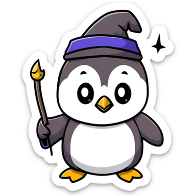 penguin wearing a wizard hat and robe, holding a magic wand sticker