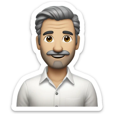 side a white man with blue eyes a thick dark brown and grey moustache, down turned black eyebrows and then dark grey hair he’s wearing an expensive watch and a white shirt and black dressy pants with beige loafers he’s looking at her smiling”  sticker