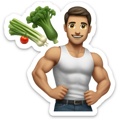 attractive muscular brunette young man using a chopping vegetables sticker