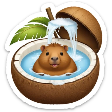 Happy capybara relaxing inside a halved coconut like a bathtub sticker