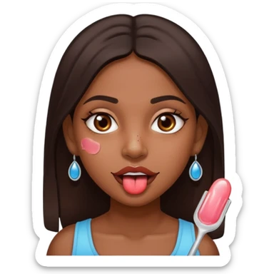 make a tongue sticking out expression for this indian girl that has transparent under eye gel patches sticker