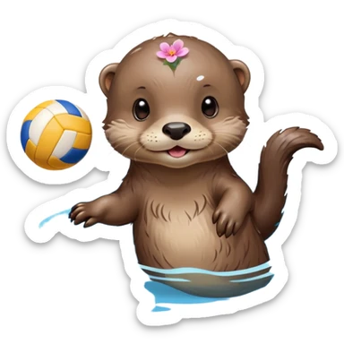 super cute baby otter with a tiny colorful flower on its head, floating on VERY CLEARLY VISIBLE blue water with prominent waves and ripples all around, baby otter with gentle expression holding a volleyball with both small paws above the obvious water sticker