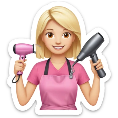 smiling blonde woman hairstylist, pink t-shirt, orange apron, hands raised, holding scissors and hairdryer sticker