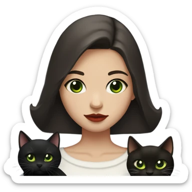 A teenage girl with white skin, she have some green hazel eyes, red lipstick, mid long straight dark brown hair, she have an eyeliner and she is holding a black cat in her arms, view from close sticker