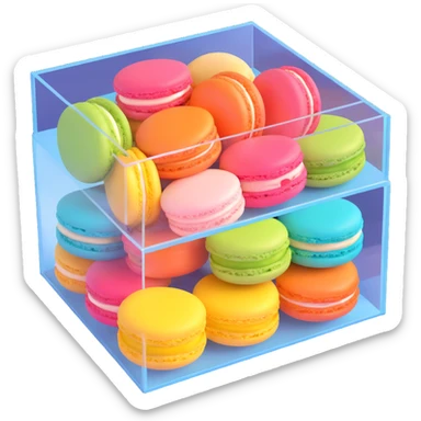 box of macarons with transparent lid, vibrant colors, shiny and appetizing, realistic textures, iOS 3D emoji style sticker
