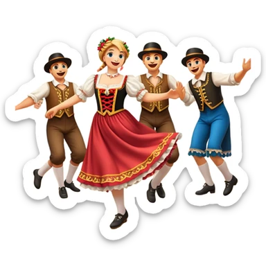 Cinematic Realistic Schuhplattler Dance Emoji, depicted as a lively traditional folk dance scene with performers in authentic Bavarian costumes, rendered with dynamic textures and festive natural lighting that captures the spirit of rural celebration. sticker