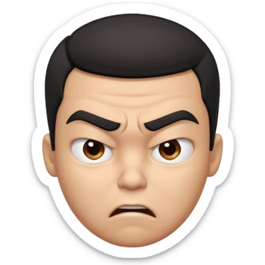 Create a 3D cartoon-style boy character with light brown skin, short straight black hair swept to one side covering part of his forehead, and an angry or annoyed expression. Sharp eyebrows, narrowed eyes, and lips pressed in irritation. sticker