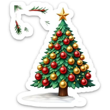3D emoji of a majestic Moscow
New Year tree. Thick green branches heavily decorated with large gold and red glass balls, traditional Russian patterns, and sparkling warm tinsel. A bright glowing red Soviet-style star is on top.
Light dusting of snow on the branches.
 sticker