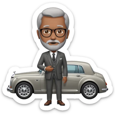 Professor Bentley Dyed black gray hair  frencb beard graying indian guy in suit with a bentley car. Older look around 60 yrs  with glasses slight balding sticker