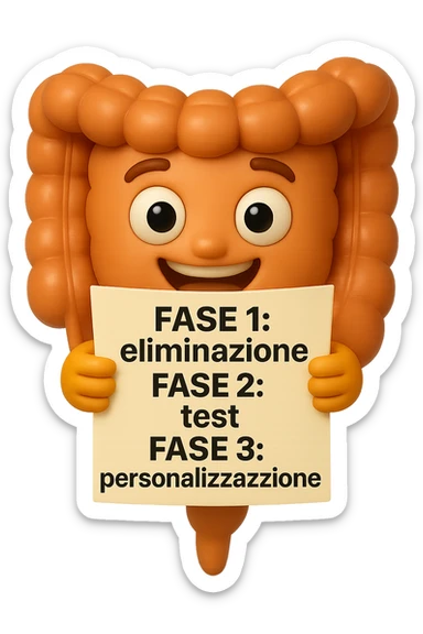 emoji stile iphone 3d di un intestino che tiene in mano un foglio con la scritta "FASE 1: eliminazione, FASE 2: test, FASE 3: personalizzazione, IPERREALISTICO 4K sticker