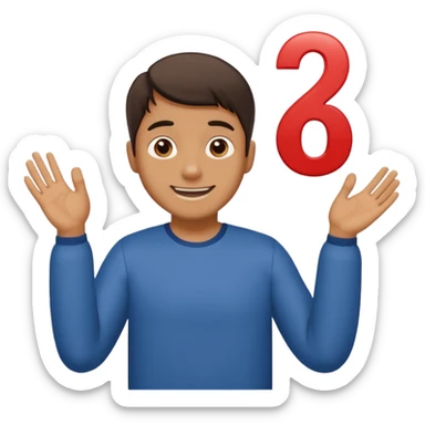 A man shrugging his shoulders with 6 abuve his left hand and 7 abuve his right sticker