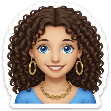 Girl with long dark brown curly hair and blue eyes with medium skin and small gold hoops smiling  sticker