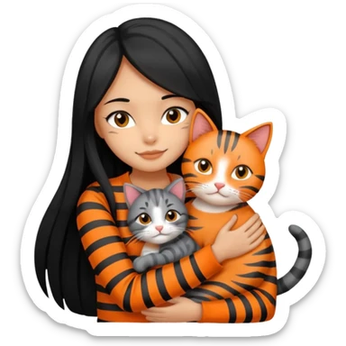 A clean girl with black long hair hugging an orange and a gray cat, both with stripes  sticker