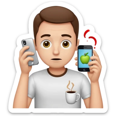 clumsy ordinary guy in classic emoji style, round head, huge shiny eyes, small mouth, awkward expression, spilled coffee on shirt, holding broken phone, thick black outline, flat vibrant colors, Apple emoji aesthetic, white background, very simple and cute sticker