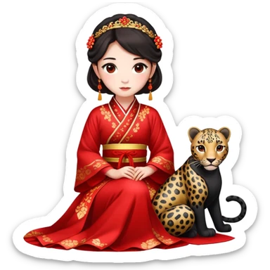 A beautiful girl in red Hanfu wedding dress sits on the ground holding a black leopard sticker