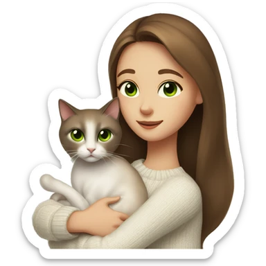 a girl with beautiful long brown hair and brown-green eyes in a white sweater, hugs a Siamese cat. sticker
