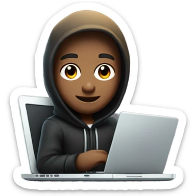 one 3d boy characters (like the apple memoji design style) dressed as developers wearing dark hoodies working. One  the laptop is programing, background is transperent sticker