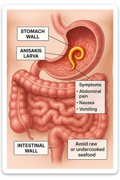 a cutaway view of the human digestive tract, showing an Anisakis larva attached to the stomach or intestinal wall. The parasite is highlighted in color, with surrounding tissue rendered in realistic detail. Educational labels describe symptoms and prevention. sticker